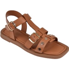 Beety Hakiki Deri Düz Taban Kadın Sandalet BEE-M270   Taba