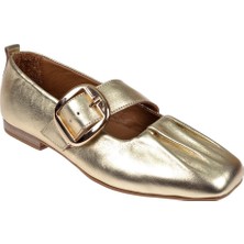 Pullman Hakiki Deri Önü Büzgülü Kadın Babet BEL-108   Altın