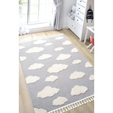 Bulut Desenli Gri Renk Dokuma Halı Bebek Odası Çocuk Odası Halısı 2