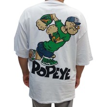 Popeye Erkek Yuvarlak Yakalı Baskılı Kısa Kollu Beyaz Oversize Tişört Ety-Ppy