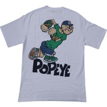 Popeye Erkek Yuvarlak Yakalı Baskılı Kısa Kollu Beyaz Oversize Tişört Ety-Ppy