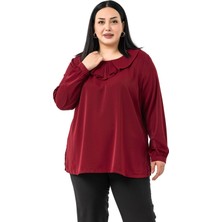 Büyük Beden Yakası Pileli Yanları Yırtmaçlı Bordo Bluz