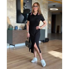 Fy Butik Kadın Yaka Ribanalı Çift Yırtmaçlı Elbise