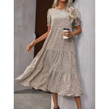 Fy Butik Kadın Mini Leopar Desen Midi Üç Kat Elbise