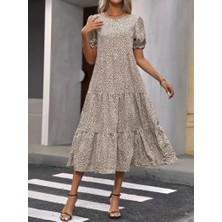 Fy Butik Kadın Mini Leopar Desen Midi Üç Kat Elbise