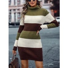 Fy Butik Kadın Uzun Kollu Balıkçı Yaka Üç Renk Triko Mini Elbise