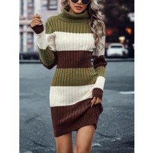 Fy Butik Kadın Uzun Kollu Balıkçı Yaka Üç Renk Triko Mini Elbise