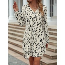 Fy Butik Kadın Uzun Kollu V Yakalı Desenli Kısa Keten Elbise