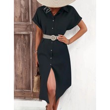 Fy Butik Kadın Kısa Kollu Yakalı Düğme Detay Midi Dokuma Elbise