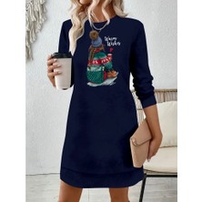 Kadın Uzun Kollu Bisiklet Yaka Desenli Viskon Iki Iplik Elbise