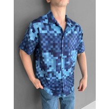 Iki Iplik Kumaş Baskılı Gömlek - Mavi