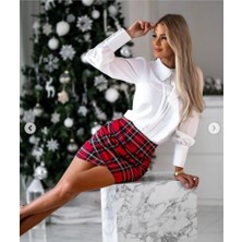 Fy Butik Kadın Jesica Kumaş Volan Detay Gömlek ve Dalgıç Kumaş Ekose Baskılı Büzgü Detay Mini Etek Ikili Takım