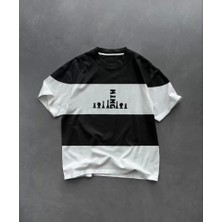 Fy Butik Unisex Bisiklet Yaka Baskılı Parçalı Oversize T-Shirt - Siyah