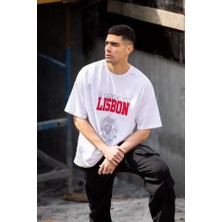 Fy Butik Unisex Bisiklet Yaka Baskılı Oversize T-Shirt - Beyaz