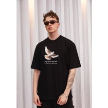 Fy Butik Unisex Bisiklet Yaka Baskılı Oversize T-Shirt - Siyah