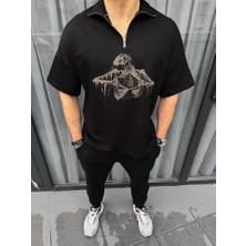 Fy Butik Unisex Yarım Fermuarlı Baskılı Oversize T-Shirt - Siyah