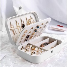 Beyaz Deri Takı Saklama Kutusu, Çift Bölmeli, Yüzük, Kolye, Küpe, Saat Organizer