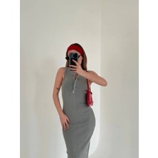 Fy Butik Yırtmaç Detaylı Kolsuz Düğmeli Yıkamalı Uzun Elbise - Gri