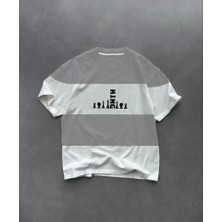 Fy Butik Unisex Bisiklet Yaka Baskılı Parçalı Oversize T-Shirt - Gri