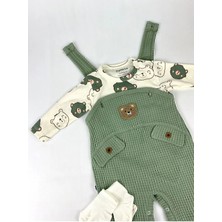 Ayı Nakışlı Erkek Bebek Tulum 3’lü Tulum Seti – Zıbın, Tulum ve Çorap | 3-6-9 Ay Bebek Kıyafeti