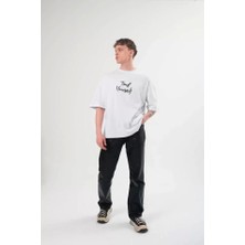 Fy Butik Unisex Bisiklet Yaka Baskılı Oversize T-Shirt - Beyaz
