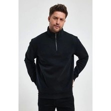 Oversize Yarım Farmuarlı Yakalı Basic Sweatshirt - Siyah