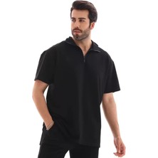 Fy Butik Unisex Yarım Fermuarlı Düz Oversize T-Shirt - Siyah