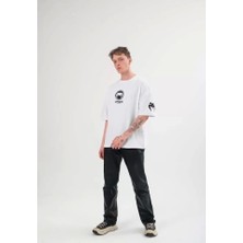 Fy Butik Unisex Bisiklet Yaka Baskılı Oversize T-Shirt - Beyaz