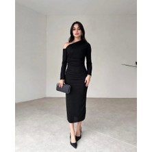 Fy Butik Kadın Uzun Kollu Omuz Dekolteli Içi Astarli Midi Boy Tül Elbise