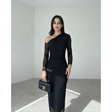 Fy Butik Kadın Uzun Kollu Omuz Dekolteli Içi Astarli Midi Boy Tül Elbise