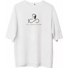 Unisex Bisiklet Yaka Baskılı Oversize T-Shirt - Beyaz