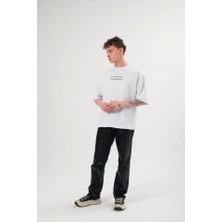 Unisex Bisiklet Yaka Baskılı Oversize T-Shirt - Beyaz