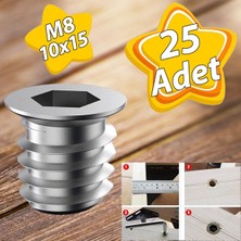 Metal Düz Dişli Dübel Ahşap Dübeli M8 10X15 Diş Çinko Mobilya Bağlantı Ünite Birleştirme (25 Adet)