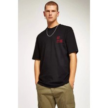 Unisex Bisiklet Yaka Oversize Baskılı T-Shirt - Siyah