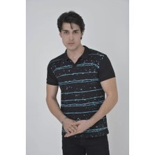 Erkek Yakalı Slim Fit Pike Çizgili T-Shirt - Siyah