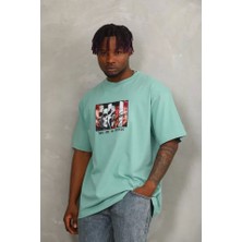 Unisex Oversize Baskılı Bisiklet Yaka T-Shirt - Mint Yeşili