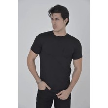 Erkek File Cepli Slim Fit T-Shirt - Siyah