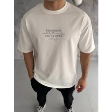 Fy Butik Unisex Bisiklet Yaka Baskılı Oversize T-Shirt - Beyaz