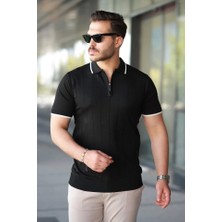 Fy Butik Erkek Fermuar Yakalı Çizgi Dokulu Kısa Kollu Tişört