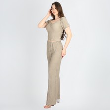 Kalp Yaka Crop Bluz Vebol Paça Yüksek Bel Lastikli Pantalon