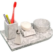 5 Parça Organizerli Beton Banyo Seti Katı Sabunluk Yüzüklük Diş Fırçalık Sunum Tepsisi Organizer