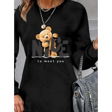 Fy Butik Kadın Uzun Kollu Bisiklet Yaka Ayı Desenli Viskon Iki Iplik Elbise