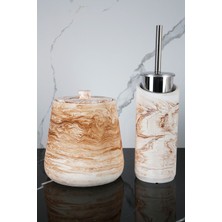 4 Parça Mermer Desenli Beton Banyo Wc Seti Tuvalet Fırçası Çöp Kovası 4 Litre