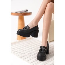 Felice Siyah Cilt Gümüş Tokalı Kadın Loafer
