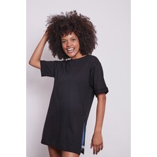 Likrasız Pamuk Sıfır Yaka Bol Duble Kol Yan Yırtmaçlı Oversize Tshirt-Siyah