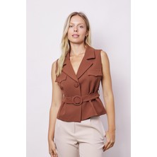 Kadın Yakalı Kemerli(Çıkartılabilinir) Düğmeli Hafif Likralı Şık Kumaş Yelek-Koyu Taba