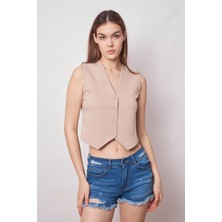 Kadın Önü Düğmeli Hafif Likralı Kumaş Kısa Yelek-Taş