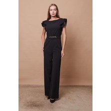 Likralı Kalın Krep Kumaş Kolu Fırfırlı Aksesuarlı Şık Ofis Abiye Tulum-Siyah