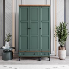 Monzio Karin 3 Kapaklı Çekmeceli Gardırop Tamamı MDF (Yeşil)