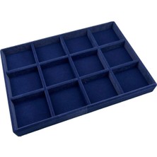 Lacivert Süet Kumaş 12 Bölmeli Çekmeceli Takı ve Aksesuar Düzeni